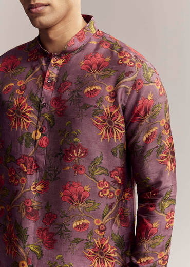 Purple Silk Kurta For Men With Floral Print