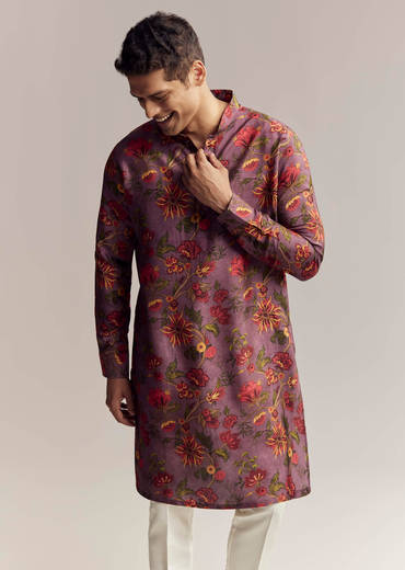 Purple Silk Kurta For Men With Floral Print