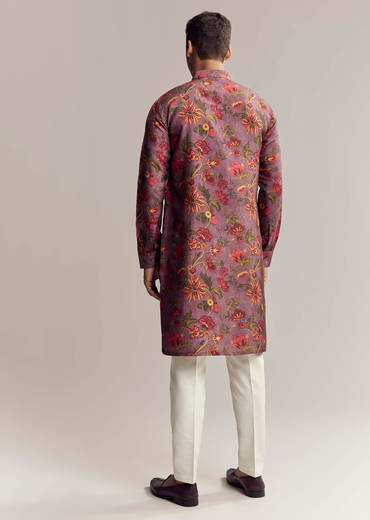 Purple Silk Kurta For Men With Floral Print
