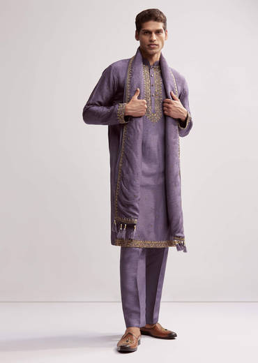 Purple Silk Kurta Set For Men With Hand Embroidery