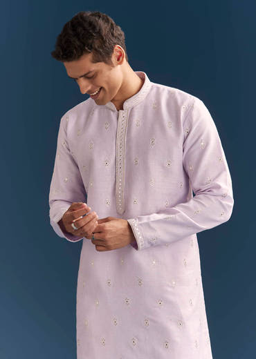 Purple Silk Kurta Set For Men With Mirror Embroidery