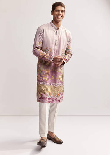Purple Silk Kurta Set For Men With Mughal Print