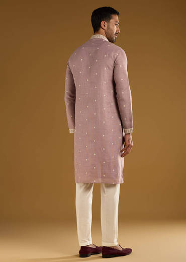 Purple Silk Kurta Set For Men With Resham Embroidery