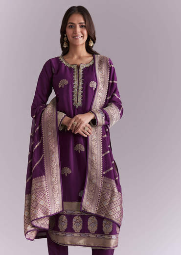 Purple Silk Kurta Set With Banarasi Weave