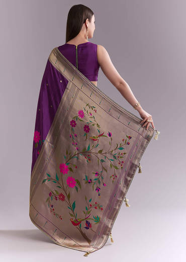 Purple Silk Muniya Paithani Saree With Booti And Zari Work