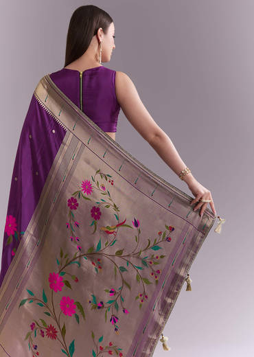 Purple Silk Muniya Paithani Saree With Booti And Zari Work