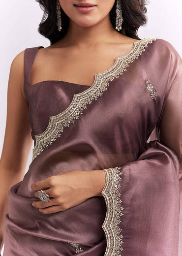 Purple Silk Organza Saree With Heavy Hand Embroidery