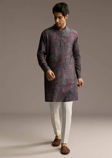 Purple Silk Printed Designer Kurta For Men