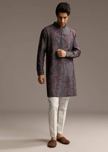 Purple Silk Printed Designer Kurta For Men