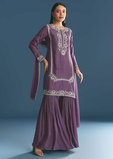 Purple Silk Sequin Work Kurta Sharara With Dupatta