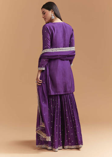 Purple Silk Sharara Suit With Heavy Hand Embroidery