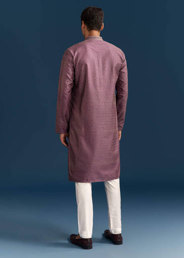Purple Silk Textured Kurta Set For Men With Embroidery