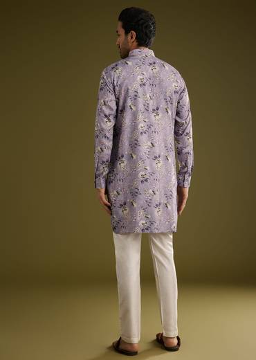 Purple Zipper Kurta Set In Russian Silk With Floral Printed