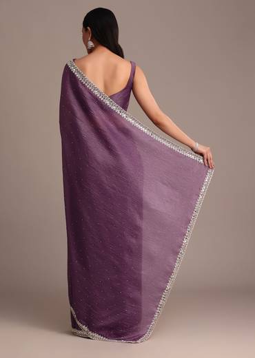 Purple Crushed Tissue Saree With Mirror And Cutdana Embellished Border