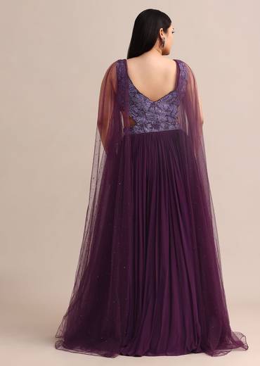 Purple Embroidered V Neck Gown With Side Cut
