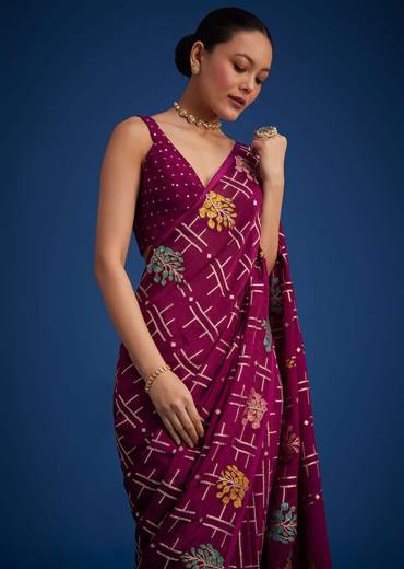 Purple Leaf woven Saree With Linear Pattern Accents