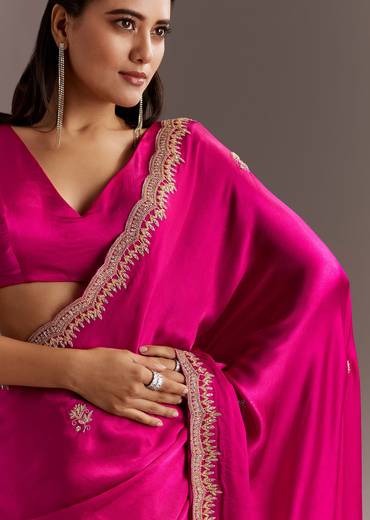 Rani Pink Chinon Saree With Cutdana Butta And Scallop Border