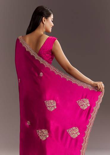 Rani Pink Chinon Saree With Cutdana Butta And Scallop Border