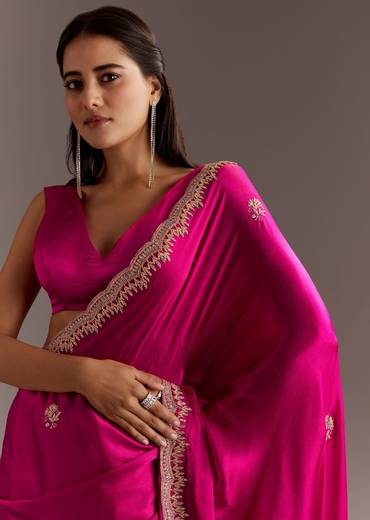Rani Pink Chinon Saree With Cutdana Butta And Scallop Border