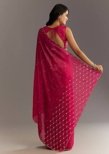 Rani Pink Crushed Tissue Saree With Cutdana And Sequin Embroidery