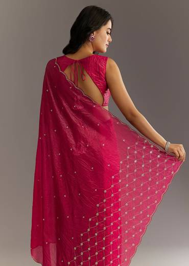 Rani Pink Crushed Tissue Saree With Cutdana And Sequin Embroidery