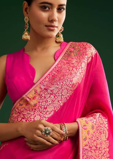 Rani Pink Dola Silk Saree With Zari Detailing