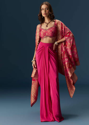 Rani Pink Embellished Blouse And Drape Skirt Set With Statement Cape