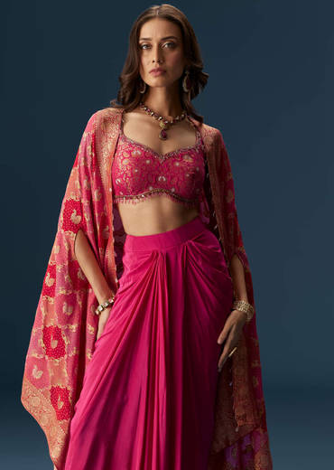 Rani Pink Embellished Blouse And Drape Skirt Set With Statement Cape