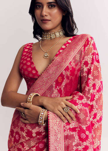 Rani Pink Georgette Saree With Zari Jaal Work