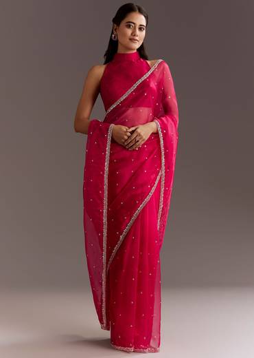 Rani Pink Glass Tissue Saree With Cutdana And Sequins Scallop Border