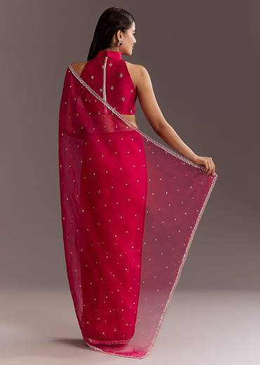 Rani Pink Glass Tissue Saree With Cutdana And Sequins Scallop Border