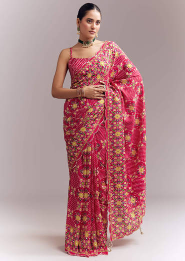 Rani Pink Satin Saree With Handwoven Ikat Print And Mirror Work