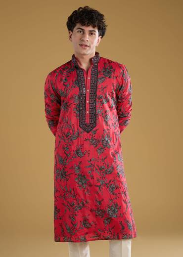 Rani Pink Silk Kurta Set With Thread And Mirror Detail Work