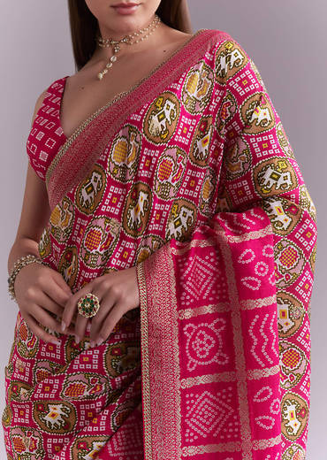 Rani Pink Silk Saree With Bandhani Work And Elephant Motifs