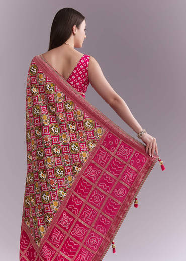 Rani Pink Silk Saree With Bandhani Work And Elephant Motifs