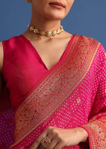 Rani Pink Banarasi Bandhani Satin Saree With Brocade Motifs On Border