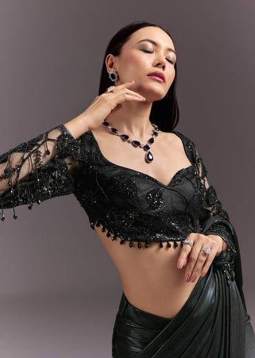 Ready Pleated Saree With V Neck Blouse And Cutdana Work