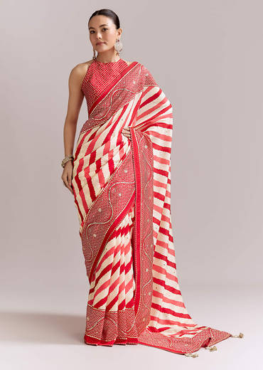 Red And Off White Silk Saree With Lehariya And Bandhani Print