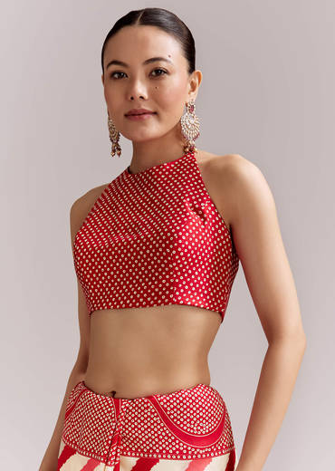 Red And Off White Silk Saree With Lehariya And Bandhani Print