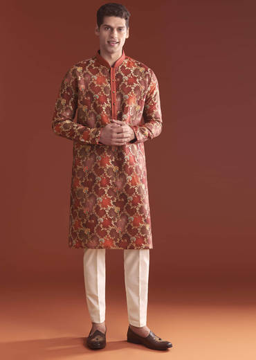 Red Banarasi Kurta Set For Men With Floral Pattern