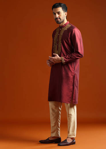 Red Banarasi Silk Kurta Set For Men With Heavy Hand Embroidery
