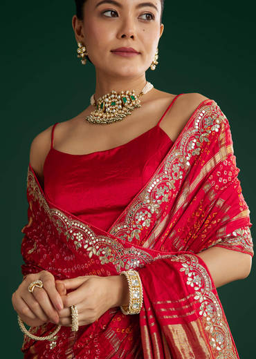 Red Bandhani Saree With Gota Work