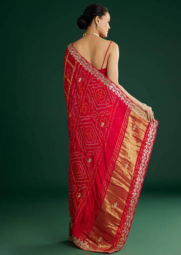 Red Bandhani Saree With Gota Work