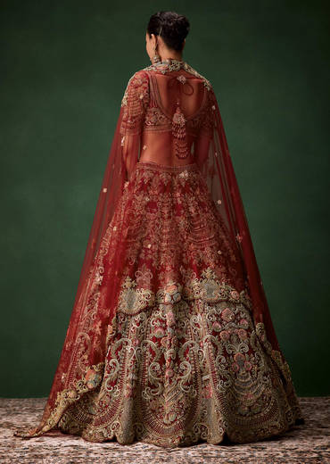 Red Bridal Sequins Silk Lehenga Set with  Two Dupattas