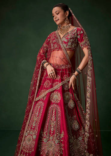 Red Bridal Silk Lehenga Set with Dupattas