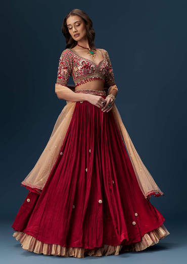 Red Bridesmaid Lehenga With Half Sleeve Embroidered Blouse And Dupatta