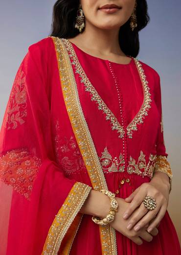 Red Chanderi Anarkali Suit with Zari Moti Work