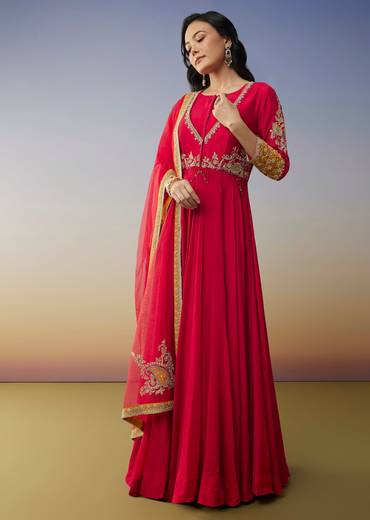 Red Chanderi Anarkali Suit with Zari Moti Work
