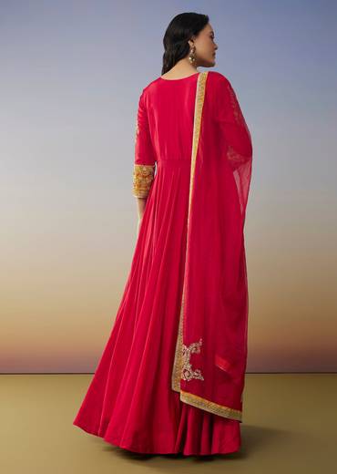 Red Chanderi Anarkali Suit with Zari Moti Work