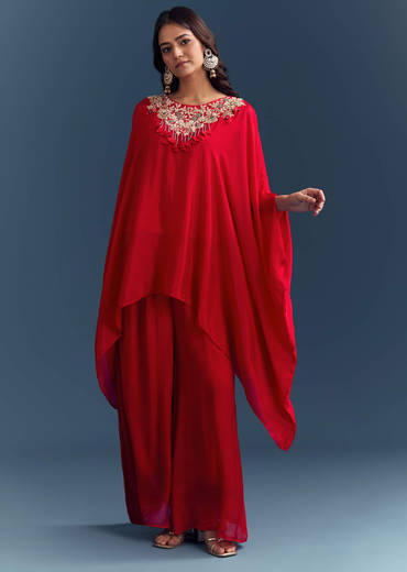 Red Chinon Cape Top And Palazzo Set With Zardosi Work